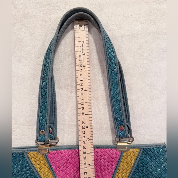 Vintage Woven Straw Tote Bag Colorblock Pink Teal Mustard Made in Italy - Picture 5 of 10
